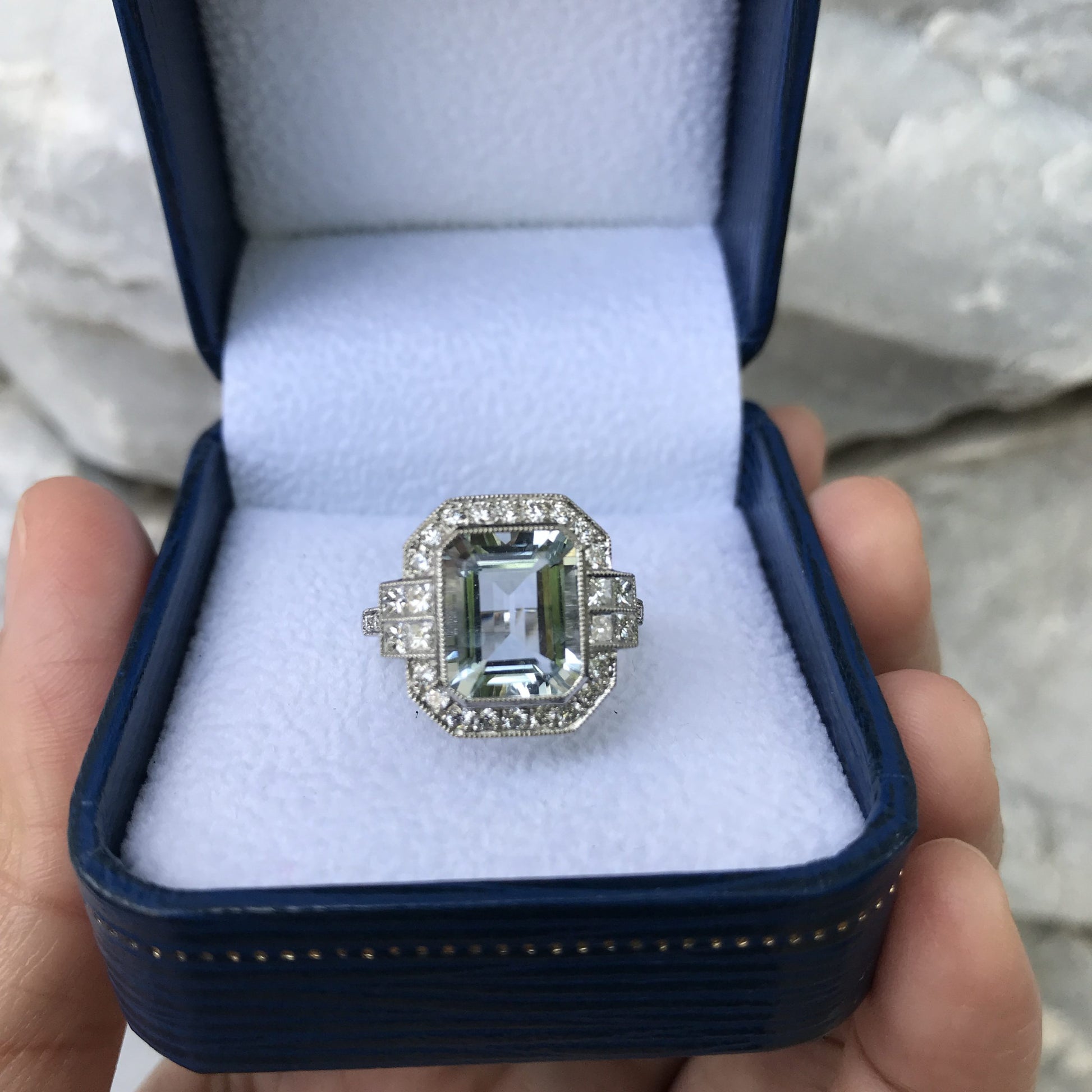 Rectangle Emerald Cut Blue Aquamarine & Diamond Art Deco Style White Gold Ring
