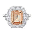 Emerald Cut Peach Orange Morganite & Diamond Halo Set 14K White Gold Ring