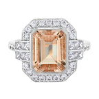 Emerald Cut Peach Orange Morganite & Diamond Halo Set 14K White Gold Ring