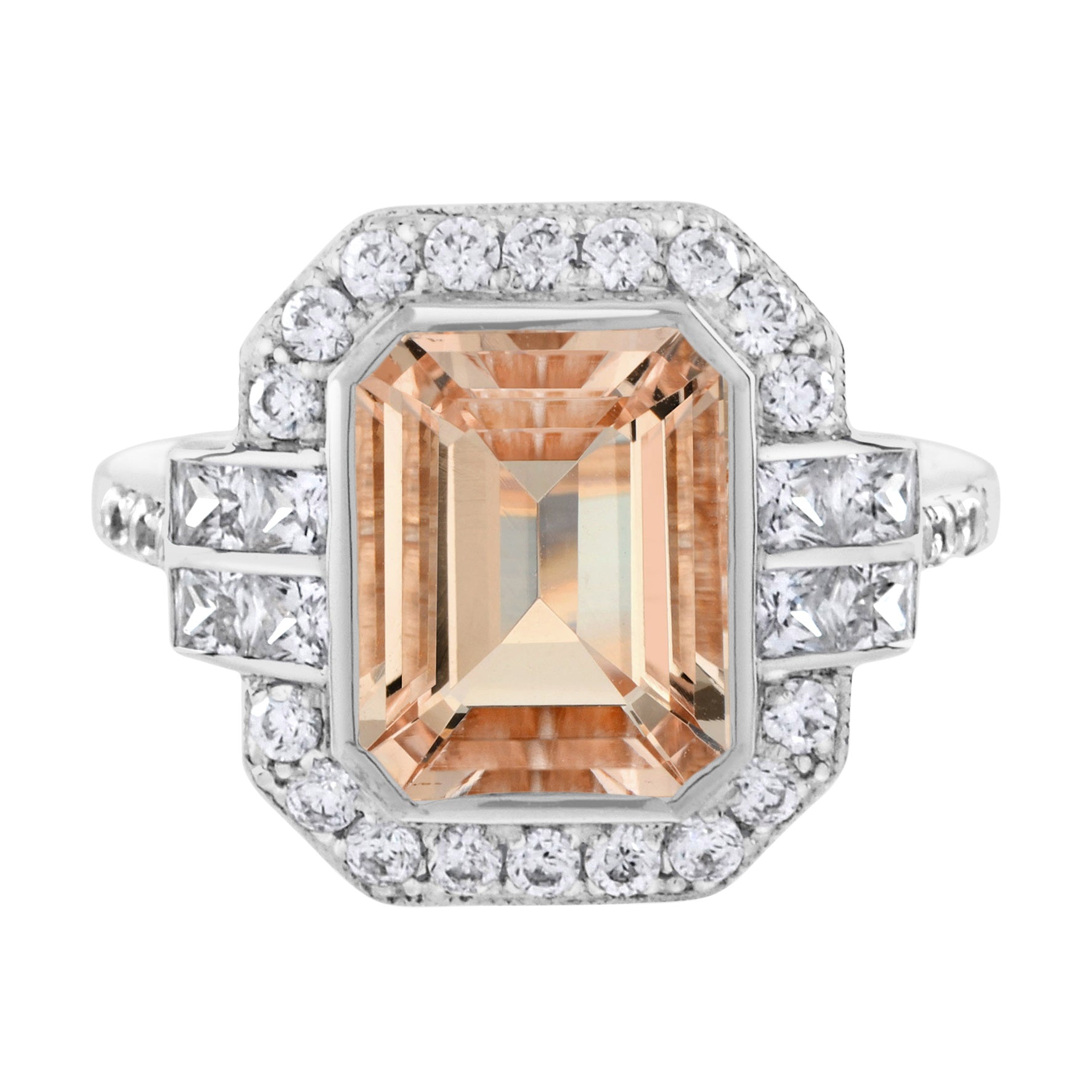 Emerald Cut Peach Orange Morganite & Diamond Halo Set 14K White Gold Ring