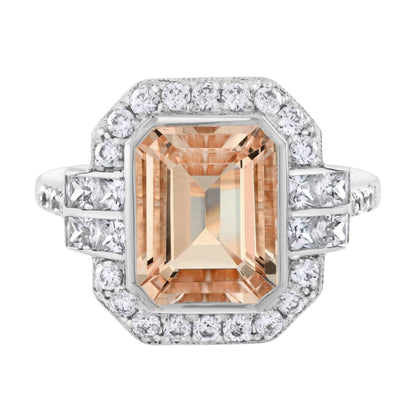 Emerald Cut Peach Orange Morganite & Diamond Halo Set 14K White Gold Ring
