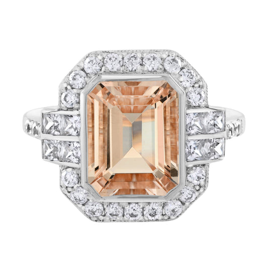 Emerald Cut Peach Orange Morganite & Diamond Halo Set 14K White Gold Ring