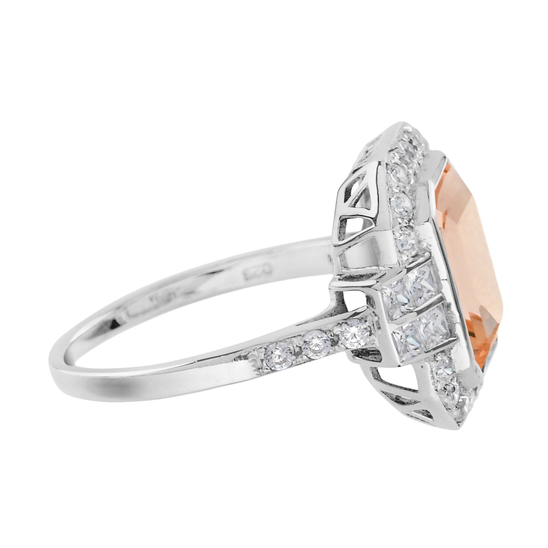 Emerald Cut Peach Orange Morganite & Diamond Halo Set 14K White Gold Ring