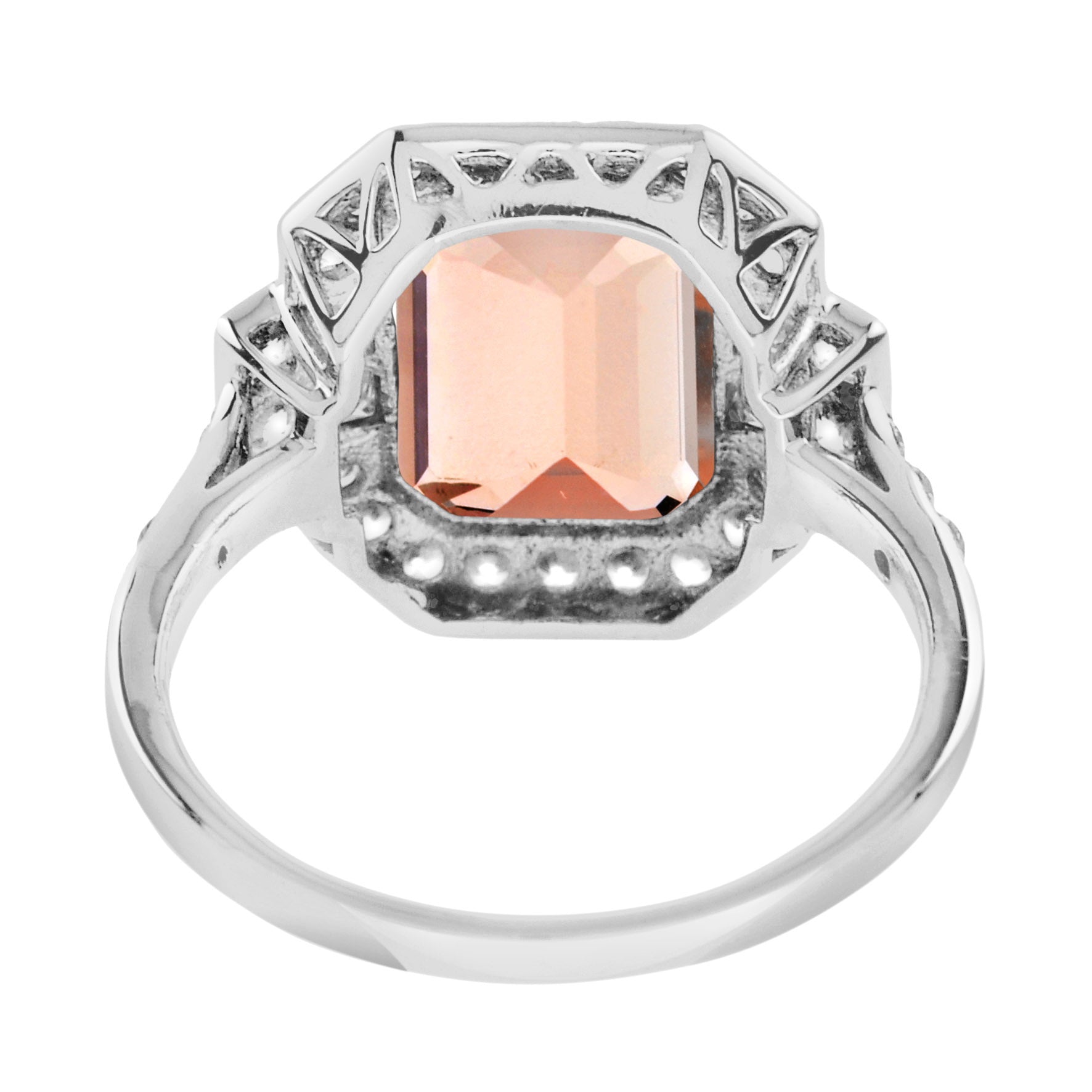 Emerald Cut Peach Orange Morganite & Diamond Halo Set 14K White Gold Ring