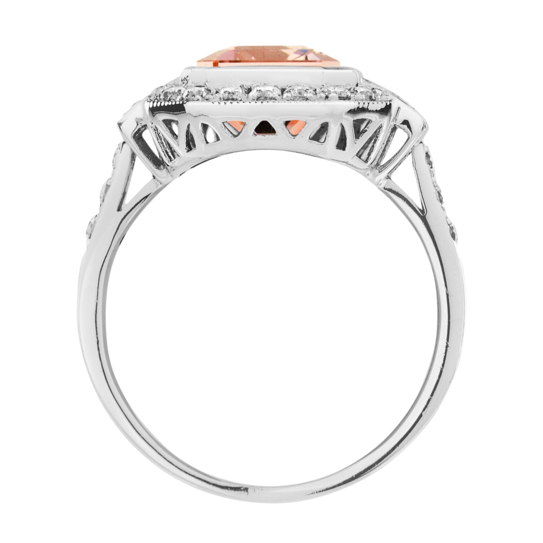 Emerald Cut Peach Orange Morganite & Diamond Halo Set 14K White Gold Ring