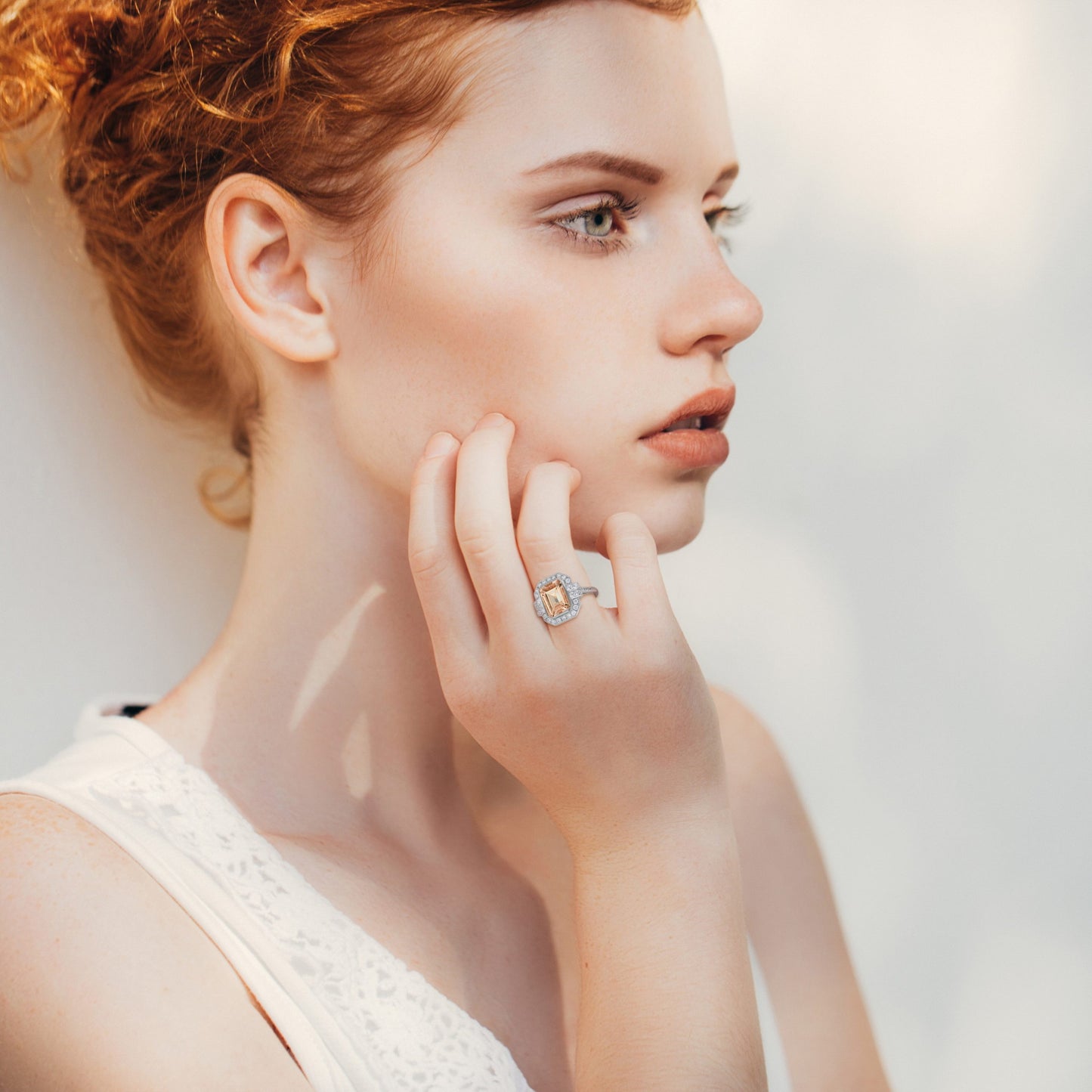 emerald cut peach orange morganite & diamond halo set 14k white gold ring