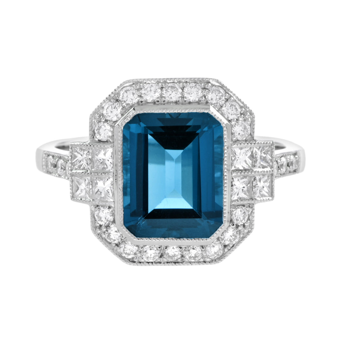 Rectangle Emerald Cut London Blue Topaz &amp; Diamond Halo Engagement Platinum Ring