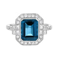 Rectangle Emerald Cut London Blue Topaz & Diamond Halo Engagement Platinum Ring