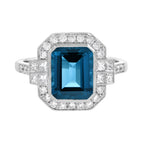 Rectangle Emerald Cut London Blue Topaz & Diamond Halo Engagement Platinum Ring