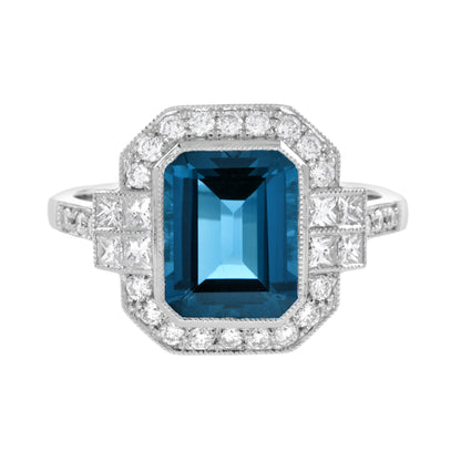 Rectangle Emerald Cut London Blue Topaz &amp; Diamond Halo Engagement Platinum Ring
