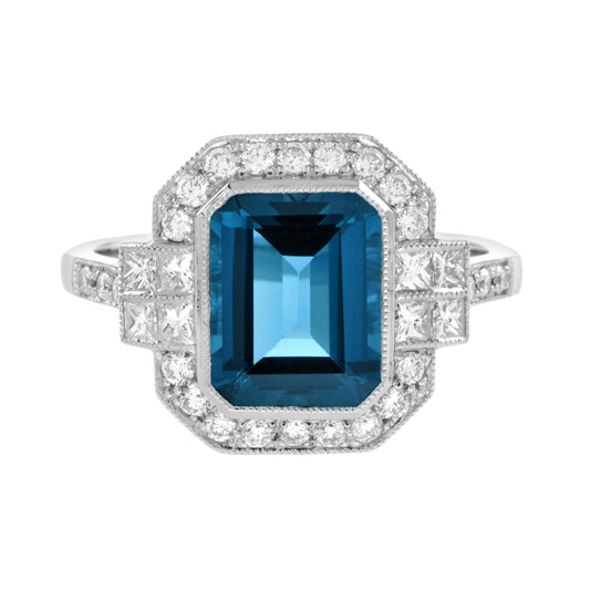 Rectangle Emerald Cut London Blue Topaz & Diamond Halo Engagement Platinum Ring