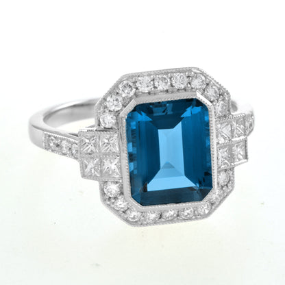 Rectangle Emerald Cut London Blue Topaz &amp; Diamond Halo Engagement Platinum Ring