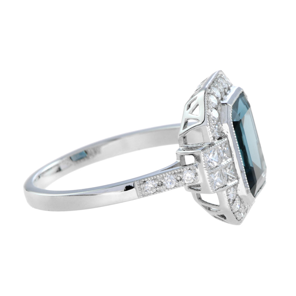 Rectangle Emerald Cut London Blue Topaz & Diamond Halo Engagement Platinum Ring