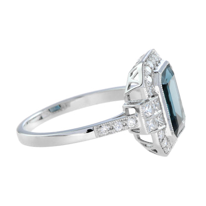 Rectangle Emerald Cut London Blue Topaz &amp; Diamond Halo Engagement Platinum Ring