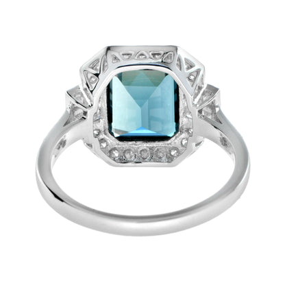 Rectangle Emerald Cut London Blue Topaz &amp; Diamond Halo Engagement Platinum Ring