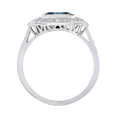 Rectangle Emerald Cut London Blue Topaz &amp; Diamond Halo Engagement Platinum Ring