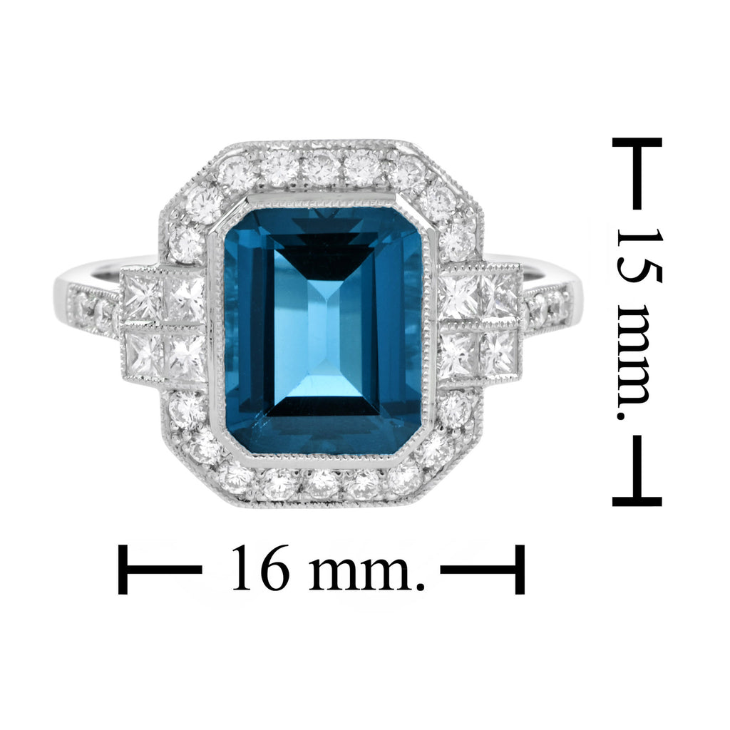 Rectangle Emerald Cut London Blue Topaz & Diamond Halo Engagement Platinum Ring