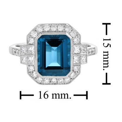 Rectangle Emerald Cut London Blue Topaz &amp; Diamond Halo Engagement Platinum Ring
