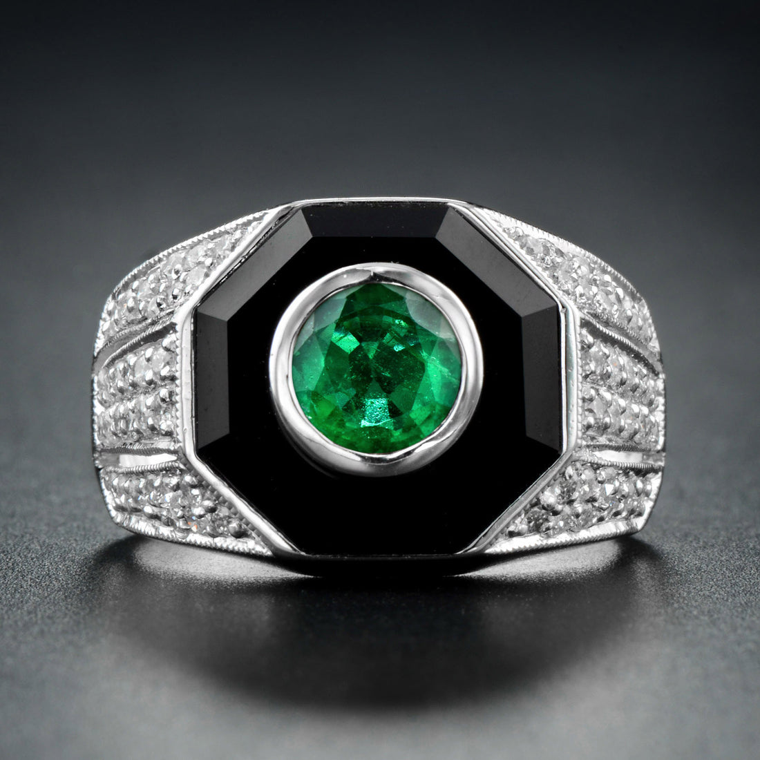 Emerald Diamond & Black Onyx Art Deco Style Dome 14K White Gold Ring