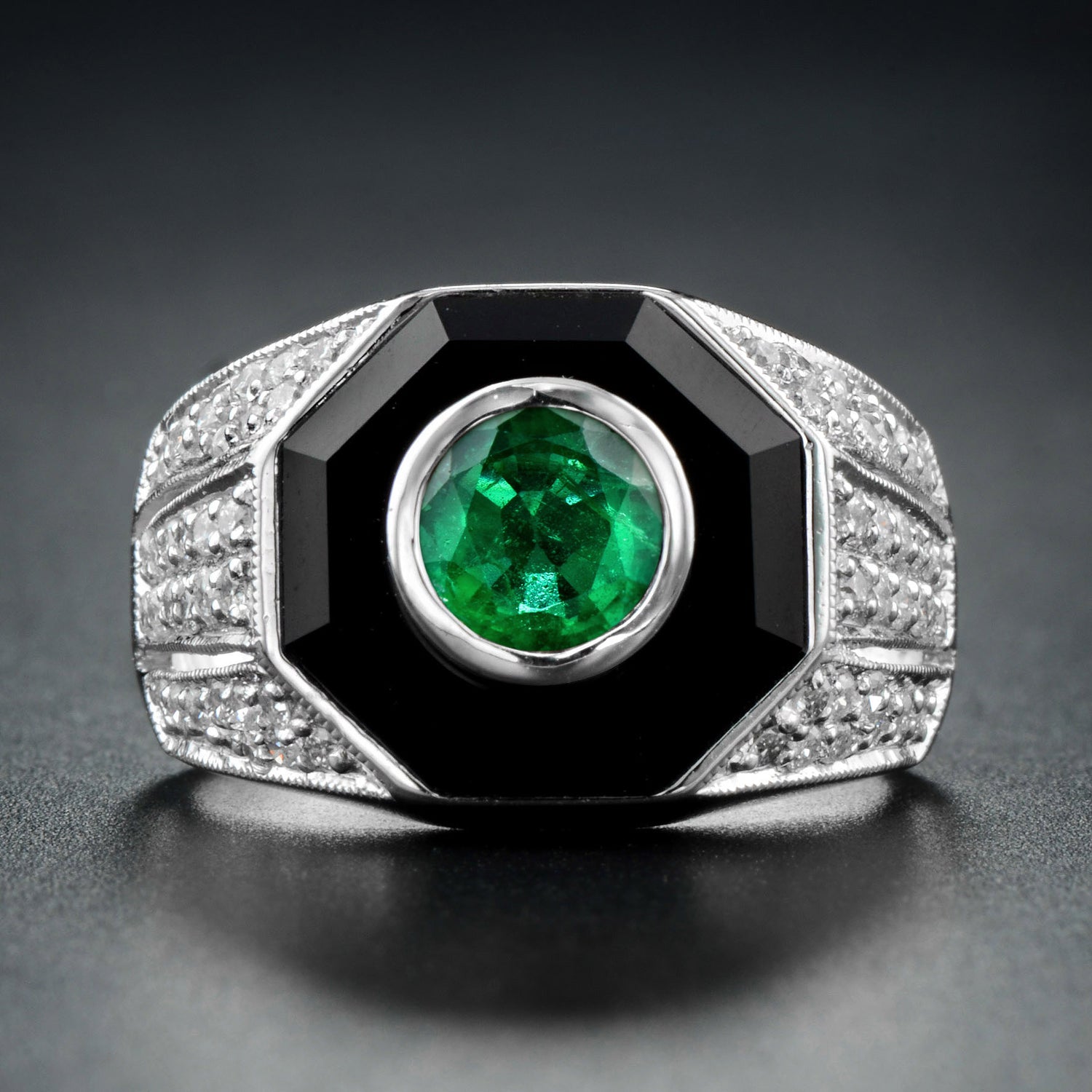 Emerald Diamond &amp; Black Onyx Art Deco Style Dome 14K White Gold Ring