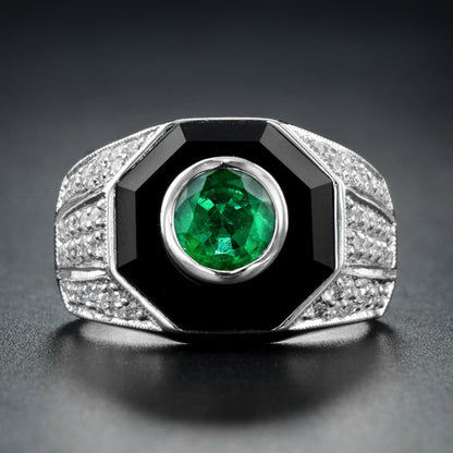 Emerald Diamond &amp; Black Onyx Art Deco Style Dome 14K White Gold Ring