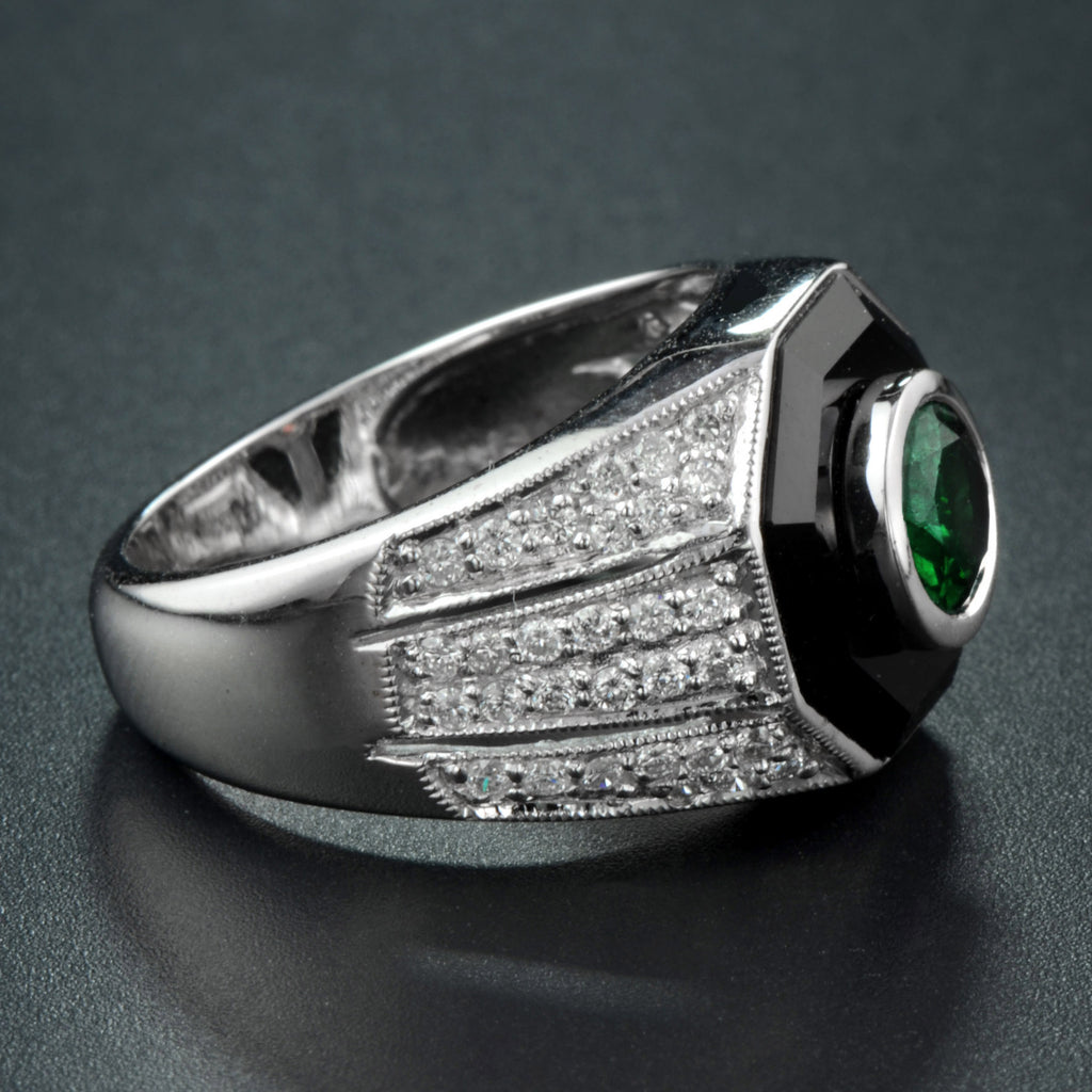 Emerald Diamond & Black Onyx Art Deco Style Dome 14K White Gold Ring
