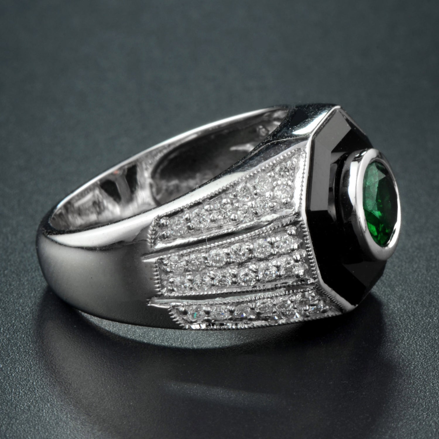Emerald Diamond &amp; Black Onyx Art Deco Style Dome 14K White Gold Ring