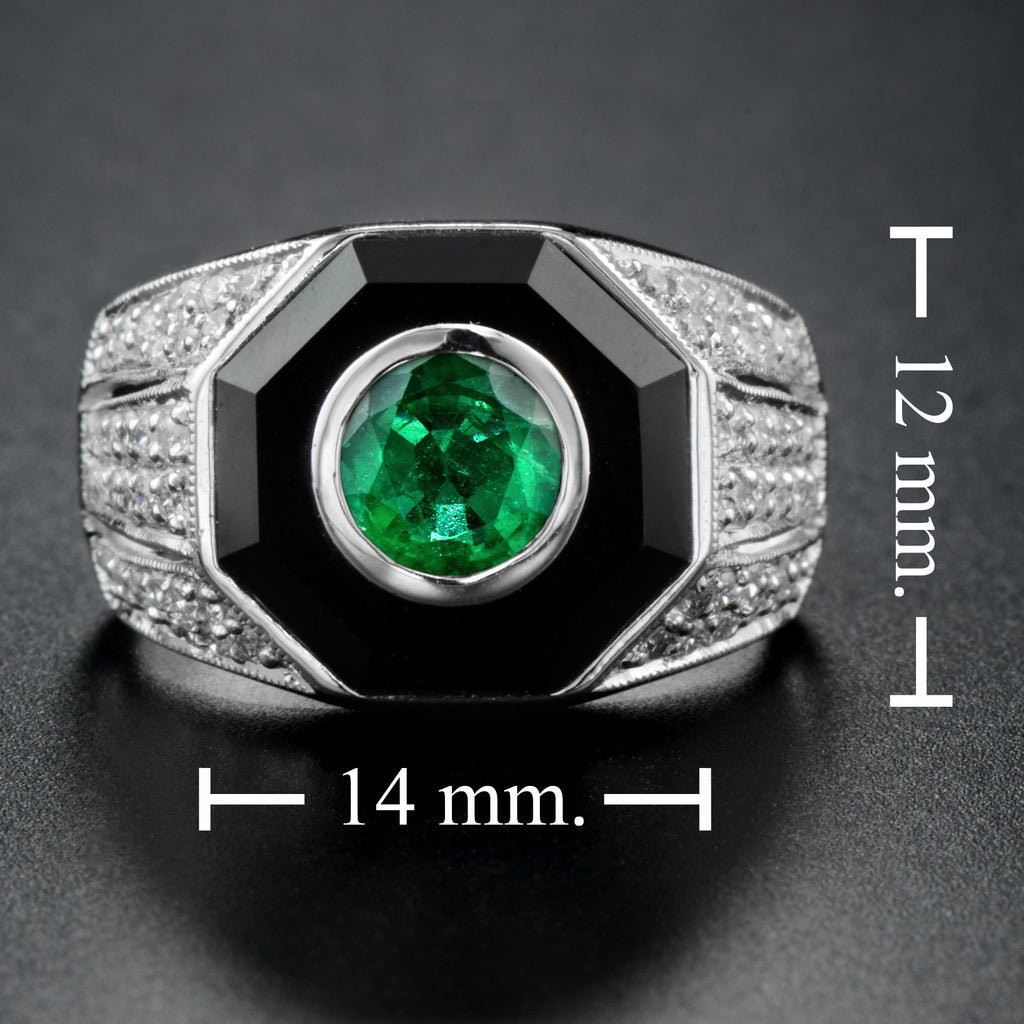 Emerald Diamond & Black Onyx Art Deco Style Dome 14K White Gold Ring