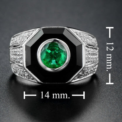 Emerald Diamond &amp; Black Onyx Art Deco Style Dome 14K White Gold Ring
