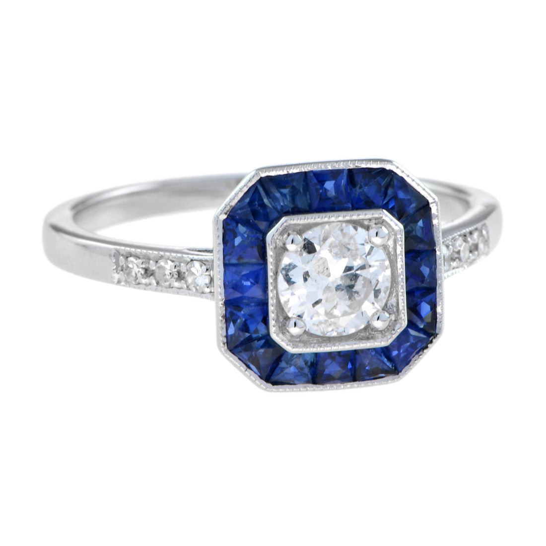 Diamond &amp; Blue Sapphire Fancy Cut Halo Art Deco Style Engagement White Gold Ring