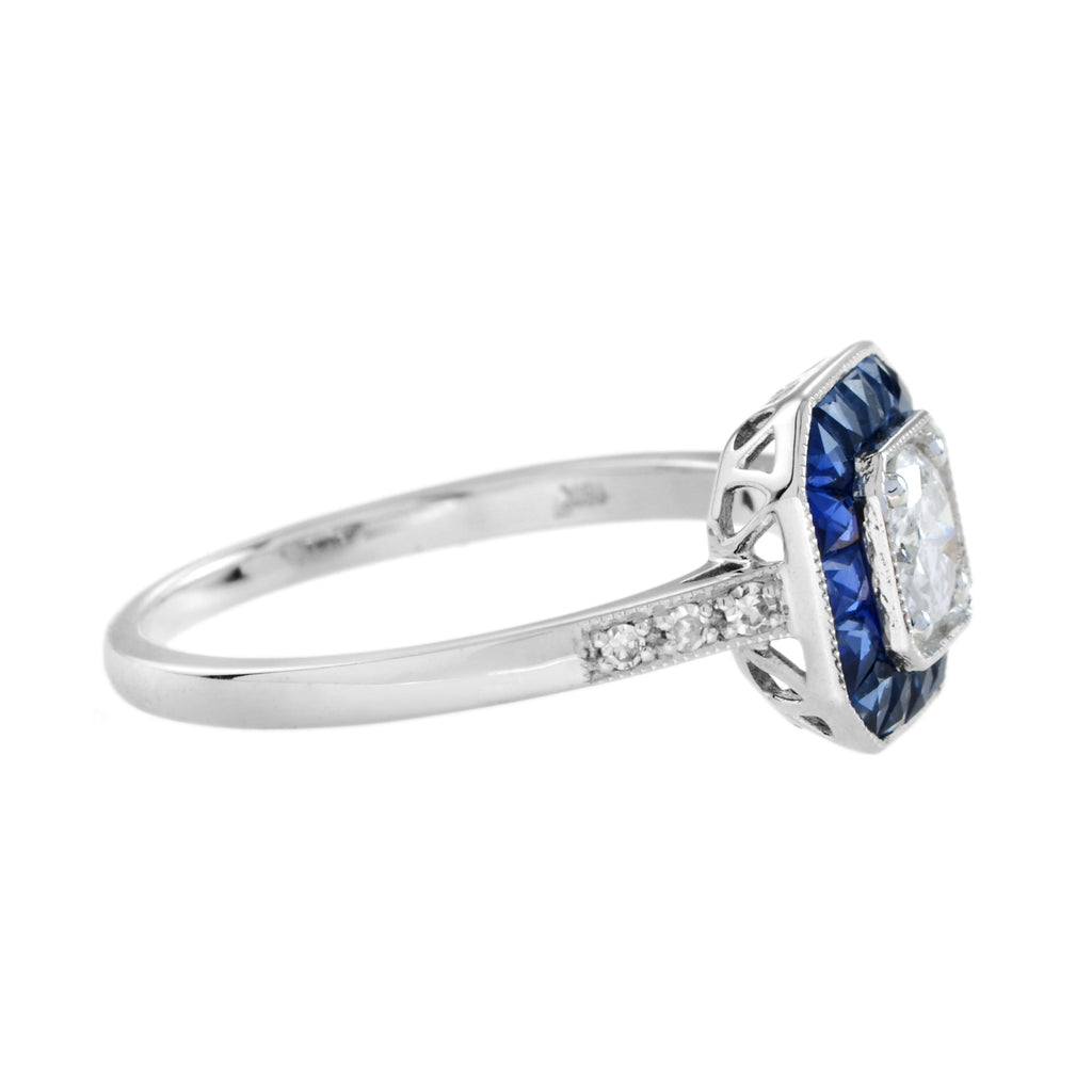 Diamond & Blue Sapphire Fancy Cut Halo Art Deco Style Engagement White Gold Ring