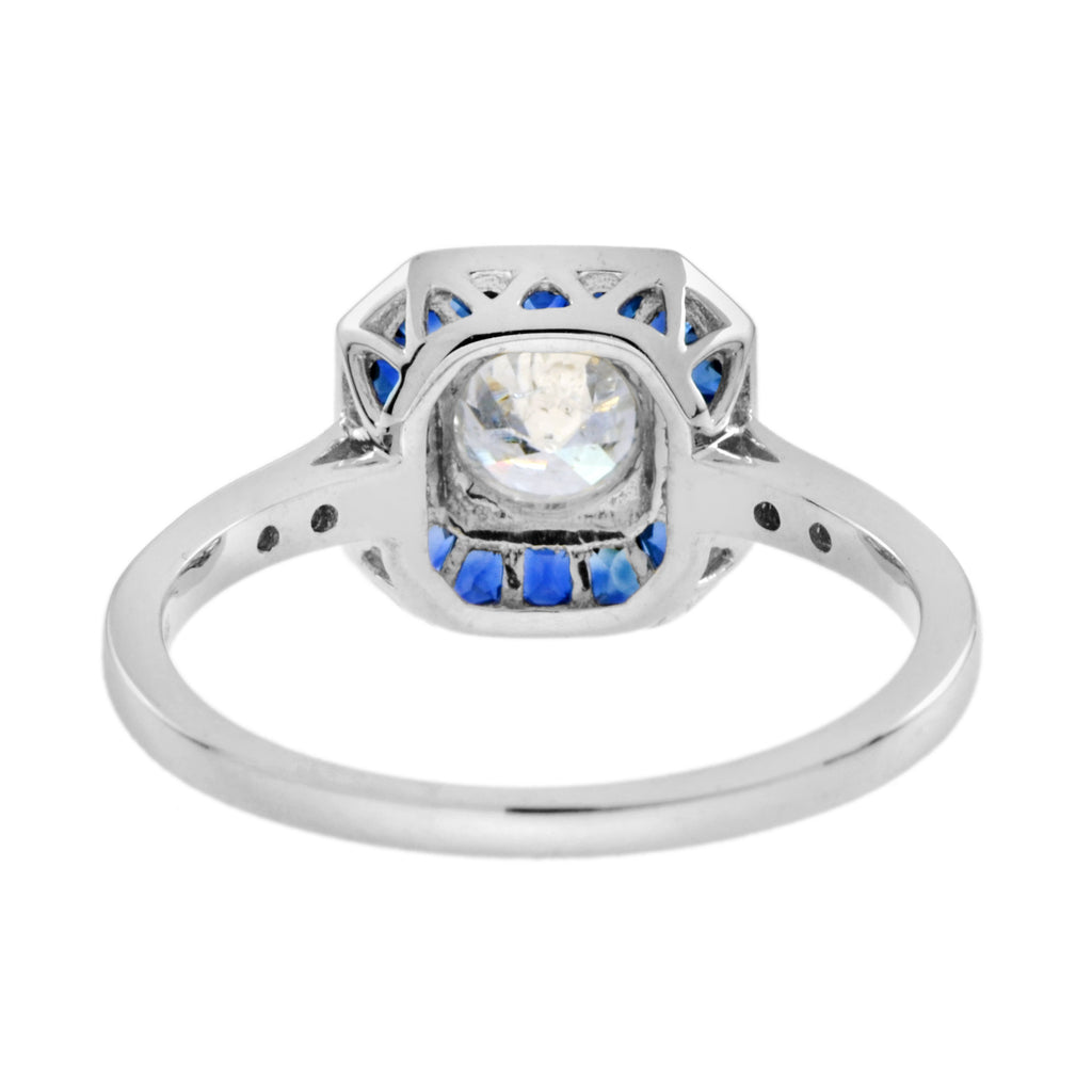 Diamond & Blue Sapphire Fancy Cut Halo Art Deco Style Engagement White Gold Ring