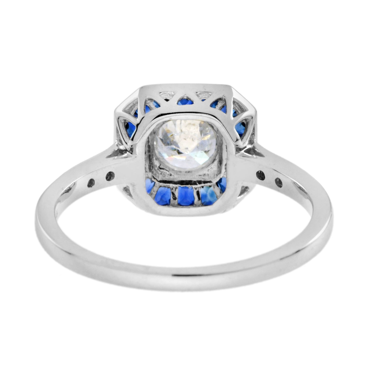 Diamond &amp; Blue Sapphire Fancy Cut Halo Art Deco Style Engagement White Gold Ring