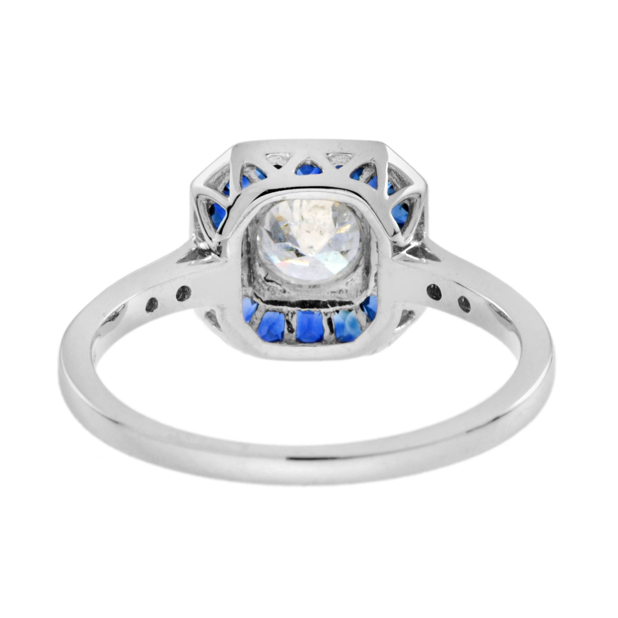Diamond &amp; Blue Sapphire Fancy Cut Halo Art Deco Style Engagement White Gold Ring