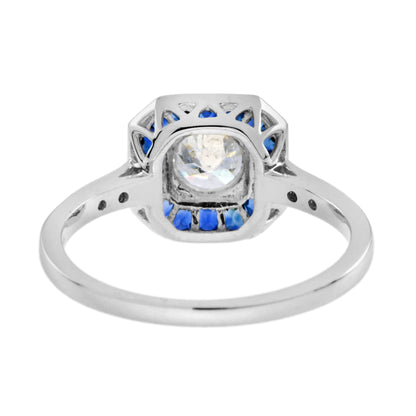 Diamond &amp; Blue Sapphire Fancy Cut Halo Art Deco Style Engagement White Gold Ring