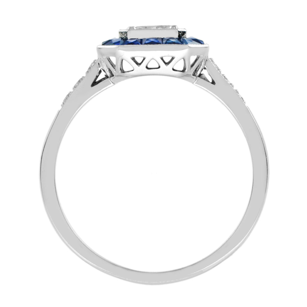 Diamond & Blue Sapphire Fancy Cut Halo Art Deco Style Engagement White Gold Ring