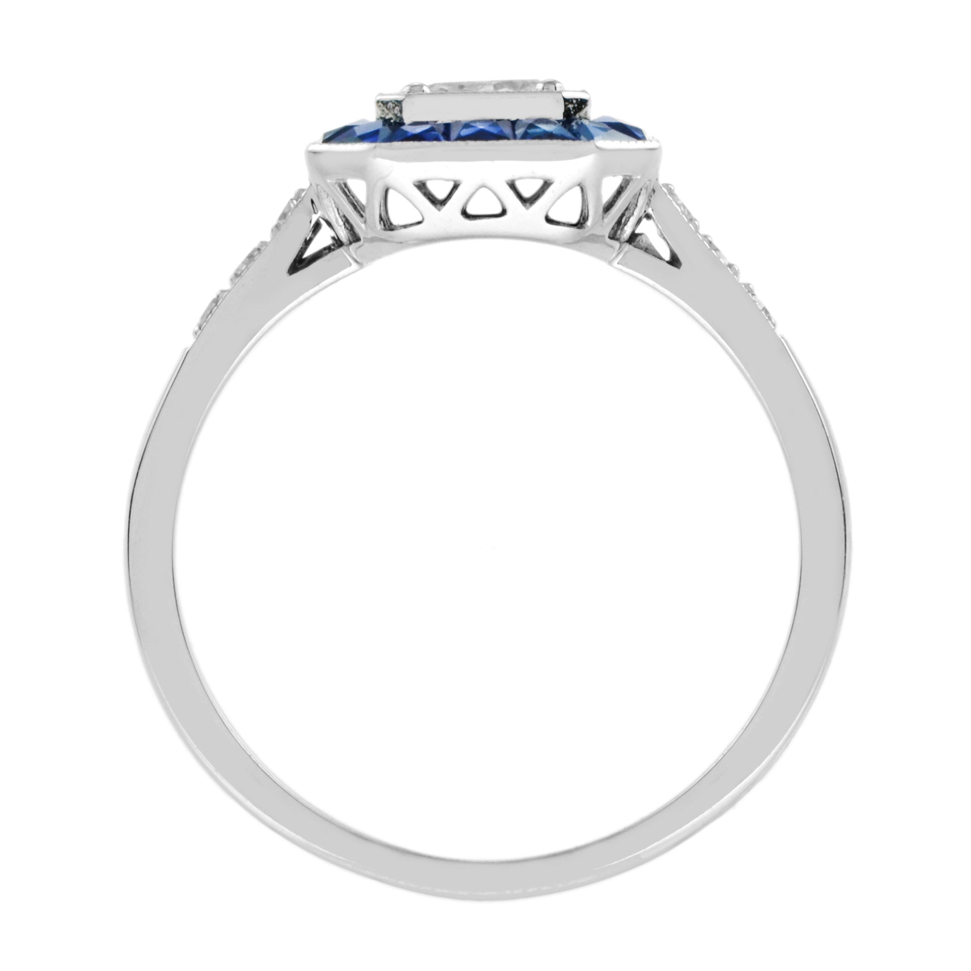 Diamond &amp; Blue Sapphire Fancy Cut Halo Art Deco Style Engagement White Gold Ring