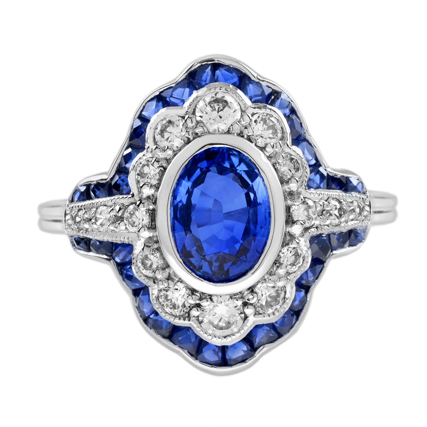 Oval Shape Blue Sapphire &amp; Diamond Art Deco Style Statement Ring