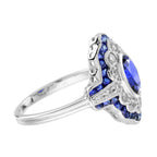 Oval Shape Blue Sapphire & Diamond Art Deco Style Statement Ring