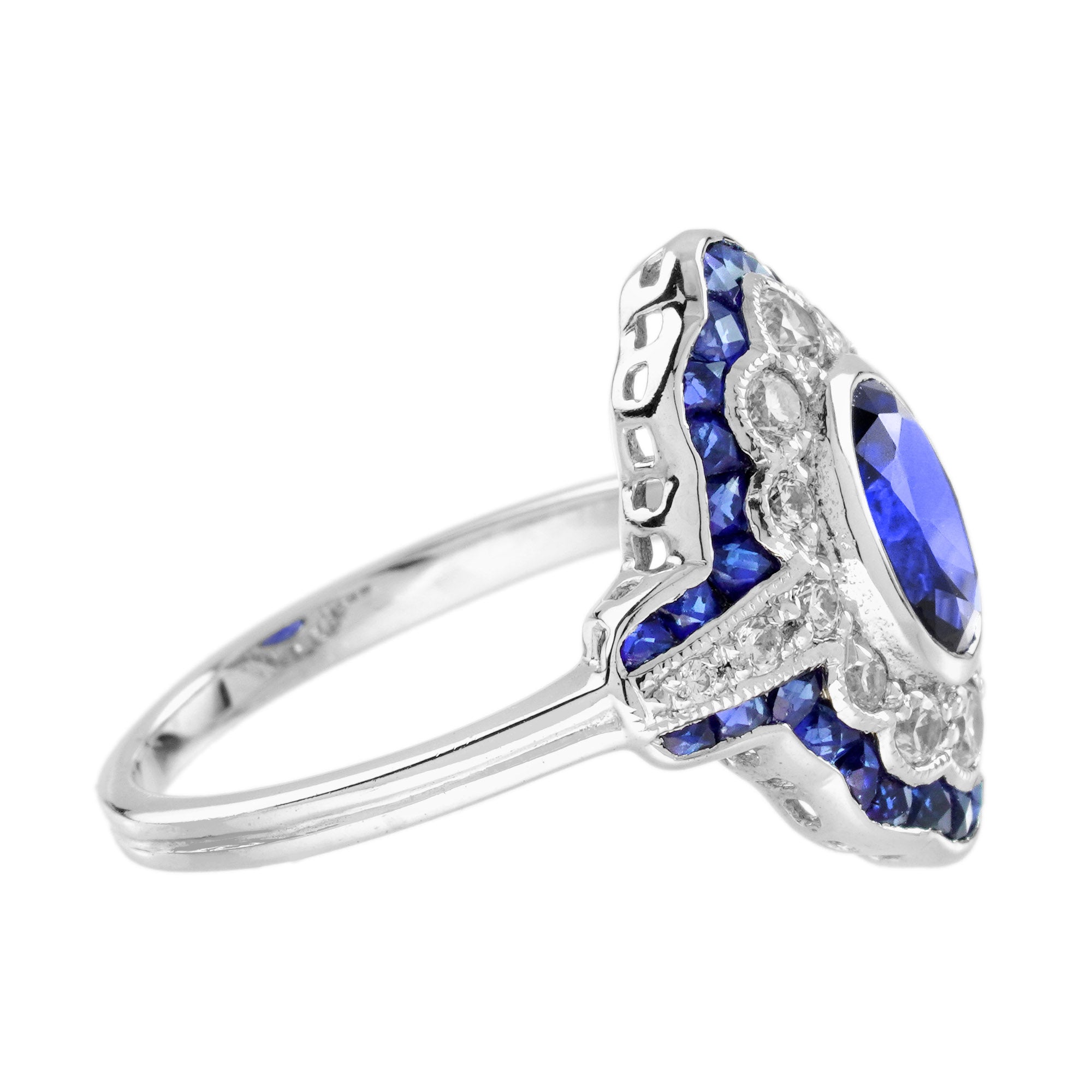 Oval Shape Blue Sapphire &amp; Diamond Art Deco Style Statement Ring