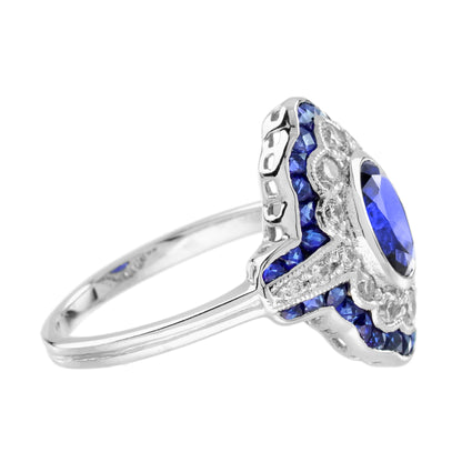 Oval Shape Blue Sapphire &amp; Diamond Art Deco Style Statement Ring