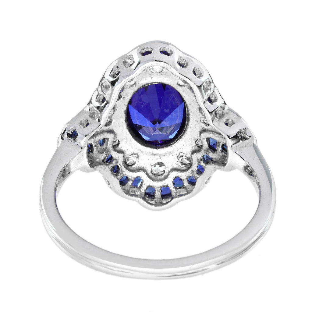 Oval Shape Blue Sapphire & Diamond Art Deco Style Statement Ring