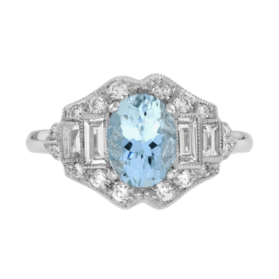 Oval Shape Blue Aquamarine &amp; Diamond Art Deco Style 14K White Gold Ring