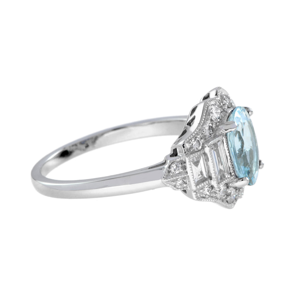 Oval Shape Blue Aquamarine & Diamond Art Deco Style 14K White Gold Ring