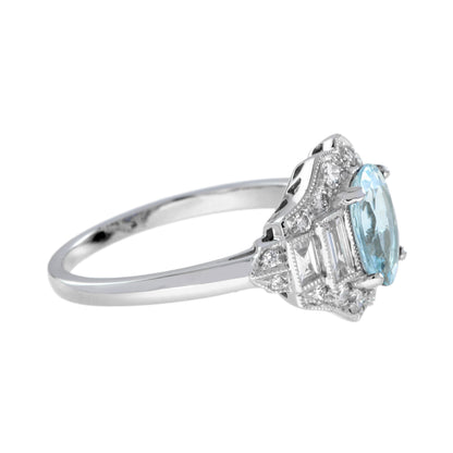 Oval Shape Blue Aquamarine &amp; Diamond Art Deco Style 14K White Gold Ring
