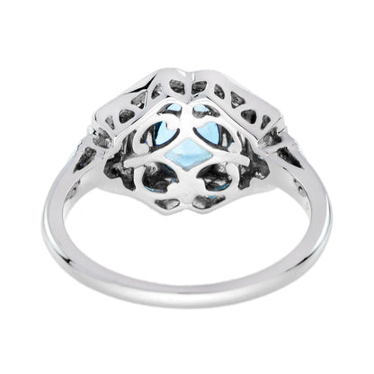 Oval Shape Blue Aquamarine &amp; Diamond Art Deco Style 14K White Gold Ring