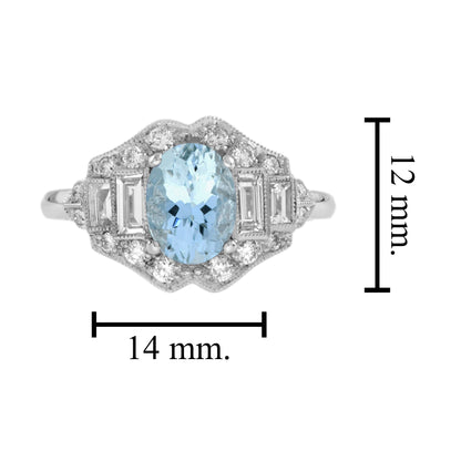 Oval Shape Blue Aquamarine &amp; Diamond Art Deco Style 14K White Gold Ring