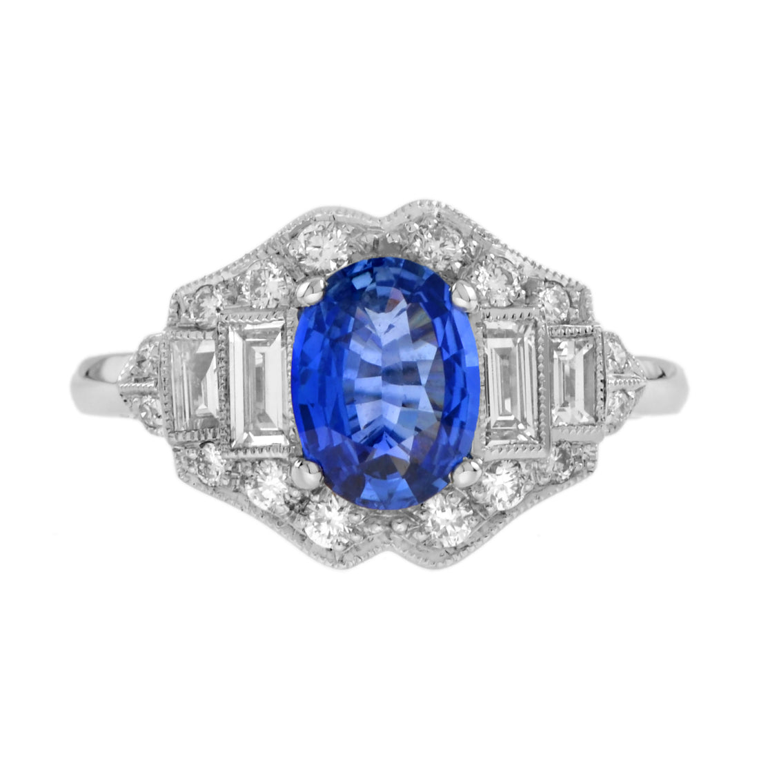 Blue Oval Shape Sapphire & Diamond Art Deco Style Engagement 14K White Gold Ring