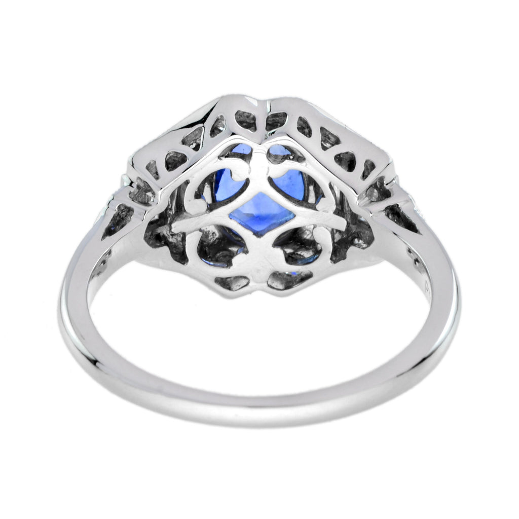 Blue Oval Shape Sapphire & Diamond Art Deco Style Engagement 14K White Gold Ring