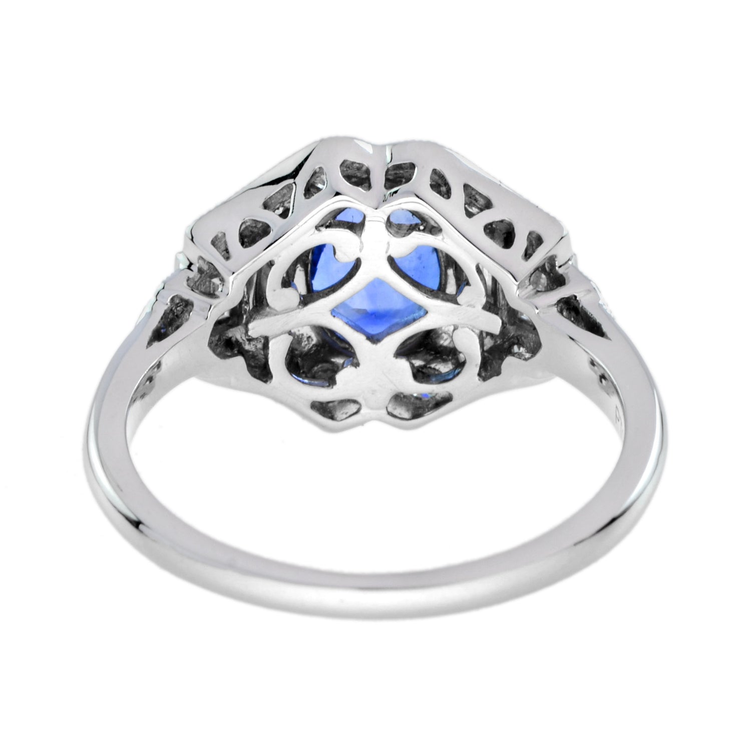 Blue Oval Shape Sapphire &amp; Diamond Art Deco Style Engagement 14K White Gold Ring